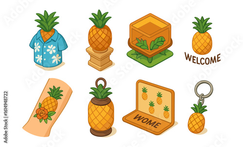 Tropical pineapple-themed souvenirs in isometric design with playful elements