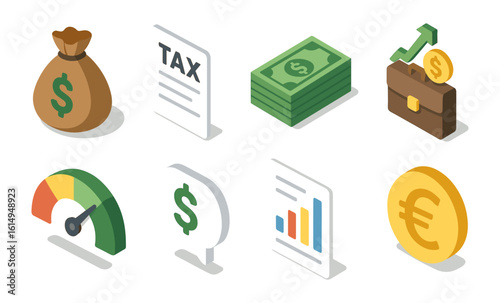 Isometric finance icons set featuring money, tax, and growth symbols