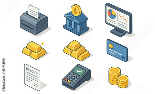 Isometric financial icons set featuring banking and payment elements