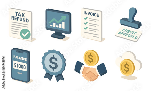 Financial success symbols: tax refund, invoice approval, and business growth icons