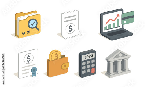 Financial and banking isometric icons for business analysis and cryptocurrency trends