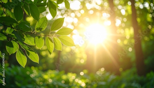 Close-up bokeh sinar matahari hangat yang bersinar melalui dedaunan hutan hijau