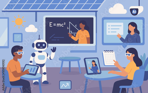 Future classroom with ai robot, augmented reality, and digital learning tools