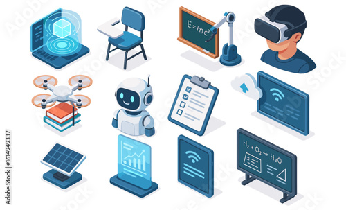 Innovative technology and education: isometric icons of modern gadgets and learning tools