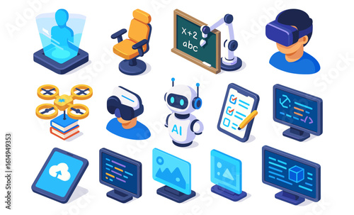 Isometric technology and ai icons: virtual reality, robotics, and coding