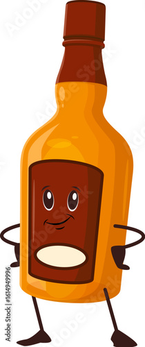 Cartoon cognac alcohol drink bottle character. Pub or bar alcohol drink isolated vector cute mascot, cocktail beverage cheerful groovy personage. Cognac, rum or scotch bottle happy smiling character