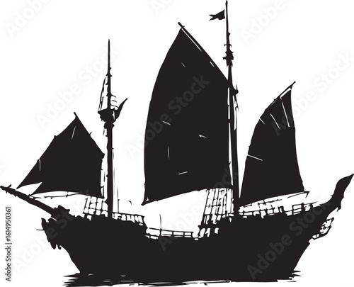 Black silhouette of a sailing ship with multiple masts and sails white