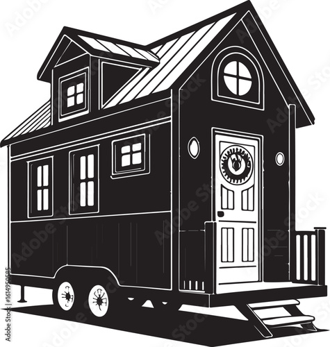 Black silhouette of a tiny house on wheels with a porch and windows black and white vector illustration