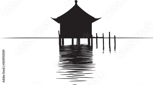 Black silhouette of a traditional Asian pavilion on stilts reflected in water traditional pavilion Asian architecture
