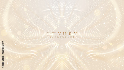 Abstract golden glowing background with decorative effects, neon lights and bokeh. Backdrop design concept for product banner or award ceremony.