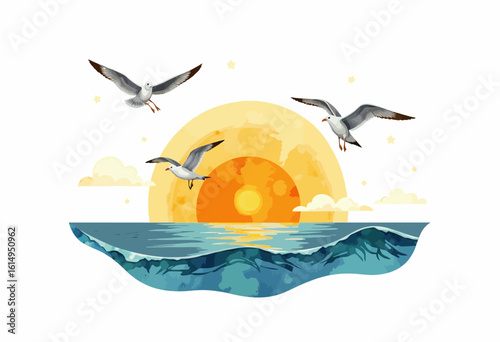 Seagulls flying over calm ocean waves at sunset with clouds  