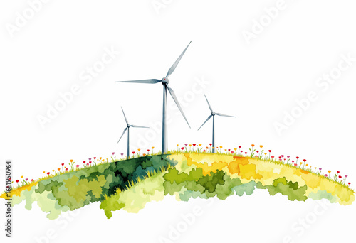 Wind turbines on a green hill in vibrant watercolor style  