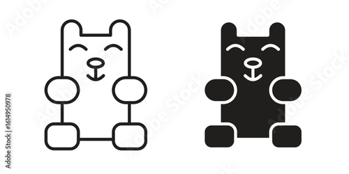 Gummy bear icon set, line and black glyph style for food app website.