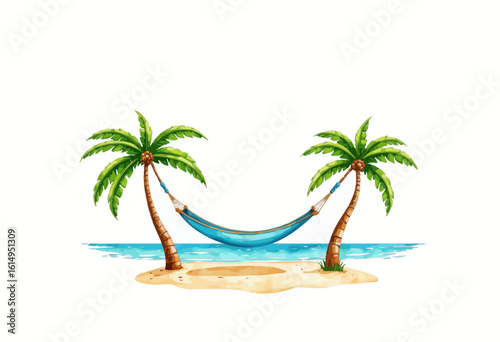 Tropical beach hammock between two palm trees by the ocean  
