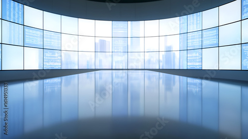 Large futuristic monitoring room with display screens showing data and cityscape reflection on the glossy floor, creating a high-tech surveillance environment.