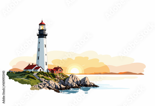Lighthouse by the sea at sunrise with rocky coastline backdrop  