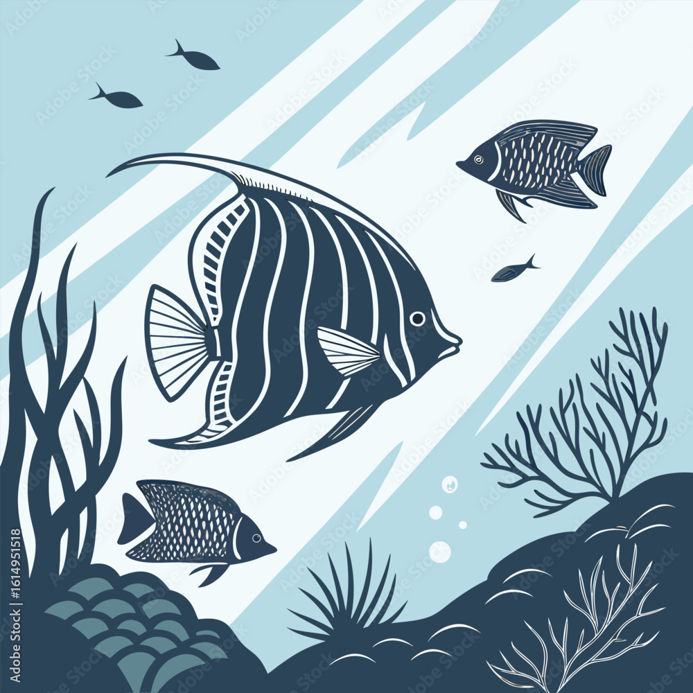 Naklejka premium Serene Underwater Scene With Colorful Tropical Fish and Coral Reefs