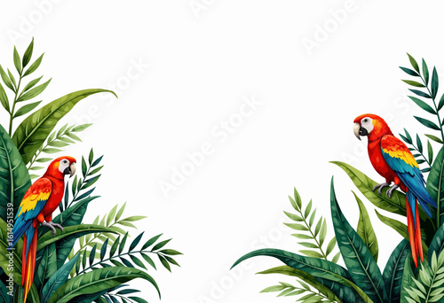 Two colorful parrots perched among tropical green leaves  