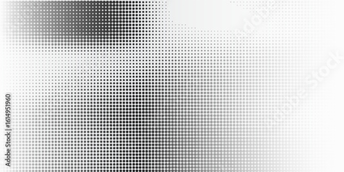Halftone faded gradient texture. Grunge halftone grit background. White and black sand noise wallpaper. Retro pixilated vector backdrop