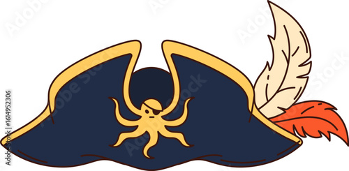 Cartoon groovy pirate and corsair tricorn hat. Vector captain cocked cap, seafarer headdress with feathers and octopus kraken emblem. Isolated buccaneer, filibuster headgear, piracy costume item