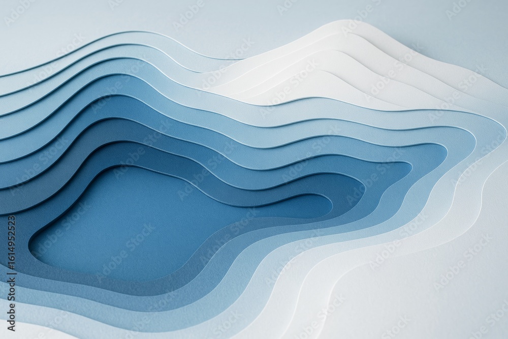 Fototapeta premium Abstract layered paper cutout with blue gradient waves and smooth curves forming a creative background concept in topographic style. Ai generative
