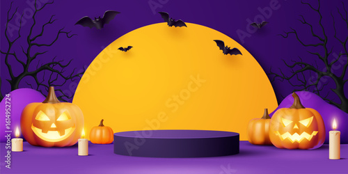 Halloween podium stand with flying bats, pumpkins and dead trees, vector horror holiday. 3d round purple display stand, pedestal and podium with spooky Halloween night pumpkin monsters and candles