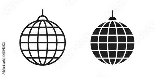 Disco ball icon set, line and black glyph style for food app website.