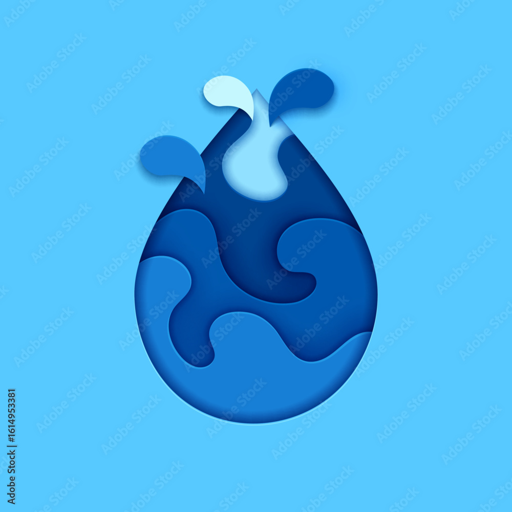 Fototapeta premium Save water paper cut banner, blue aqua drop shape with waves. Saving clean water source, marine nature and ecology 3d vector concept. Blue water drop splash ripples and waves paper cut background