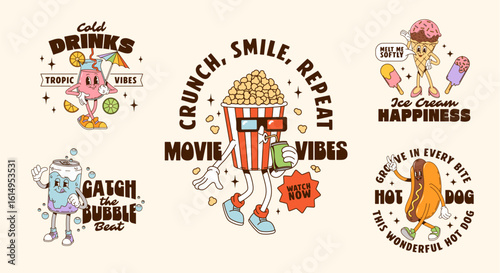 Cartoon fast food characters, groovy t shirt print and posters. Vector retro hot dog, popcorn and ice cream cone with fastfood drinks posters set. Cute groovy soda can and milk shake characters
