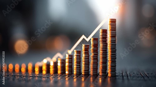 Stacks of coins increase in height from left to right with a rising line graph overlay, symbolizing financial growth.
