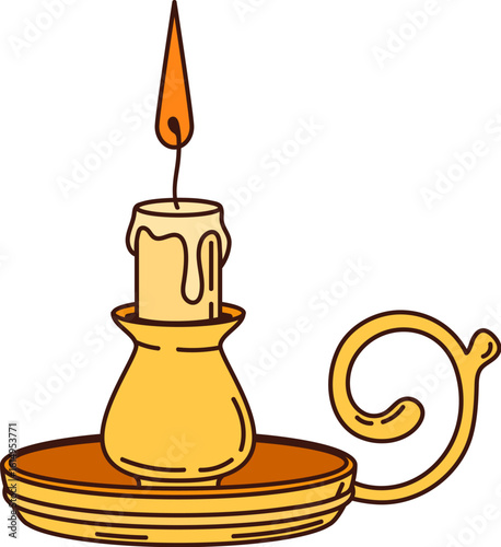 Cartoon groovy melted candle in a golden antique holder, with dripping wax and burnt wick, evoking a pirate medieval theme. Vector rustic, vintage candlelight fitting for corsair game adventures