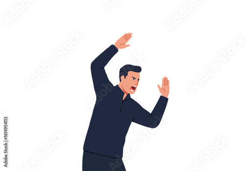 Illustration of an animated male character showing anger and frustration through dramatic gestures, set against a white background. The expression captures a moment of intense emotional reaction and e
