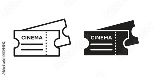 Cinema tickets icon set, line and black glyph style for food app website.