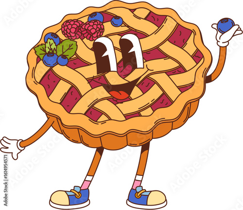 Retro groovy sweet berry pie dessert character. Pastry cake with blueberries and raspberry 60s funky happy mascot. Thanksgiving holiday sweet dessert, fruit pie cartoon vector mascot, groovy character