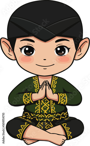 Cute chibi-style vector of a Saman dancer in traditional Acehnese costume, seated with synchronized hand gesture. Perfect for cultural, dance, or character-themed designs.