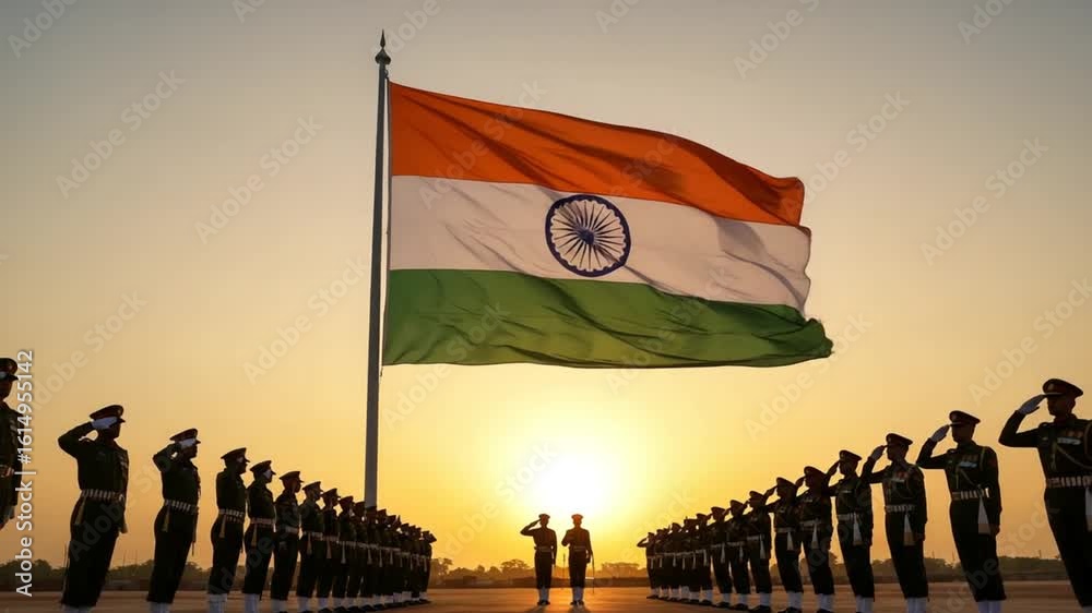 Soldiers Saluting Large Flag During Sunset Ceremony Motion