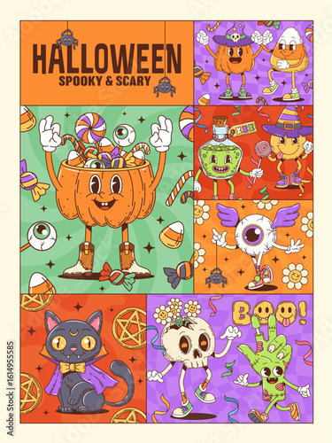Halloween groovy characters collage poster with cute, spooky and quirky cartoon pumpkin, witch, black cat, eyeball, skeleton, and zombie hand, bursting with candy, flowers, and festive decorations