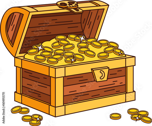 Cartoon groovy pirate and corsair treasure chest with gold coins. Antique medieval coffer object, open and overflowing with loot and wealth. Isolated vector old trunk or box, filled with golden coins.