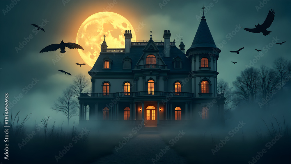 Halloween Haunted manor house with ornate balconies and grand doors, set in a field of fog and surrounded by bats, golden full moon illuminating the scene (1) Halloween Haunted manor house with ornate balconies and grand doors, set in a field of fog and surrounded by bats, golden full moon illuminating the scene (1)