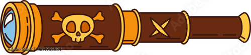 Cartoon groovy pirate spyglass, vintage nautical telescope, corsair object. Isolated vector naval navigation instrument for looking on distance. Captain or sailor optical tool with a skull emblem