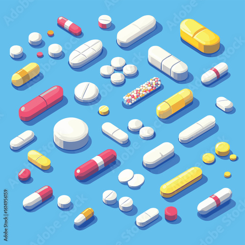 Isometric illustration of various pharmaceutical pills and capsules depicting healthcare and medical treatments against a simple background, vector style simple color