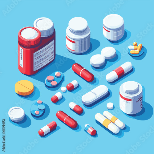 Isometric illustration of various pharmaceutical pills and capsules depicting healthcare and medical treatments against a simple background, vector style simple color