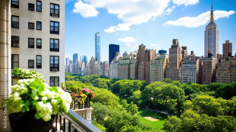 Fototapeta premium City Skyline View: A picturesque urban panorama, showcasing a vibrant cityscape. The view from a balcony, featuring trees, and the iconic building against a clear, bright sky.