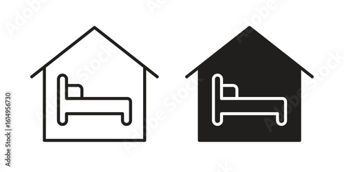 Accommodation icon set, line and black glyph style for food app website.
