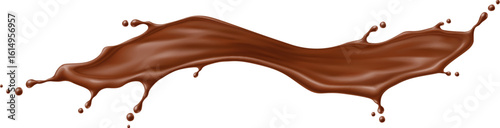 Chocolate drink flow splash and wave, realistic splatter. 3d vector cocoa dessert swirl drink or flow stream with splatters. Brown coffee stream with drops, liquid splashing with dynamic droplets