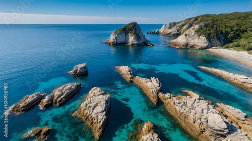 Stunning Aerial View of a Turquoise Sea and Rocky Coast