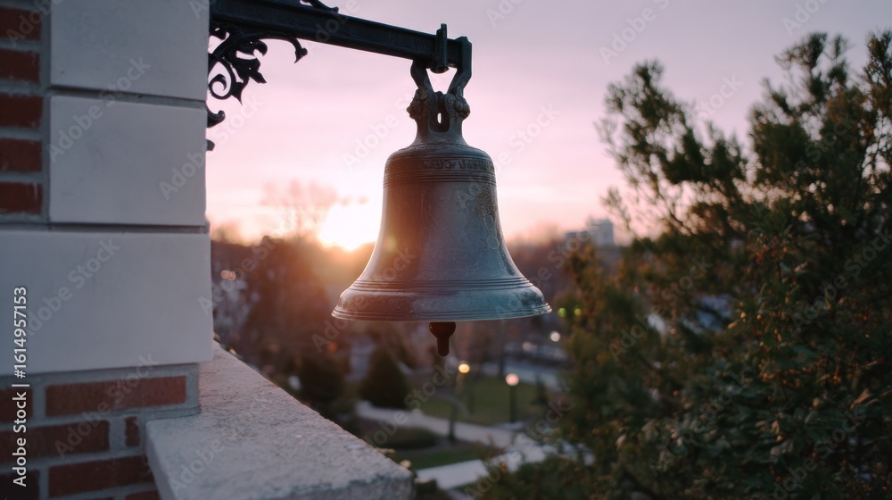 Obraz premium Historic bell at sunrise against serene cityscape