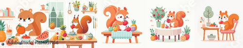collection of cute squirrel vectors eating fruit