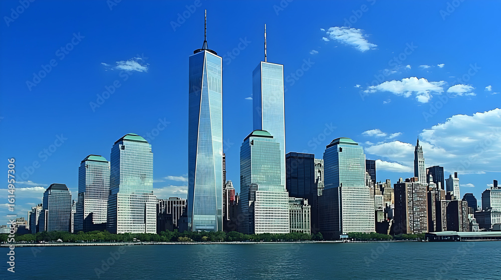 Obraz premium New York City skyline, iconic skyscrapers, modern architecture, clear blue sky, waterfront view, historic landmark, powerful structures, city horizon, commercial buildings, global center