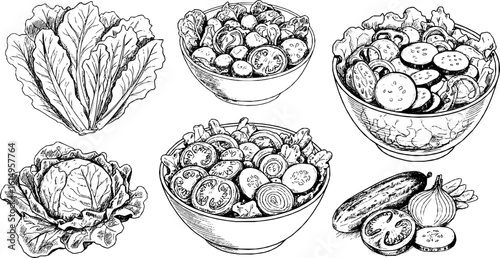 Black and white sketch of a salad bowl with various vegetables.